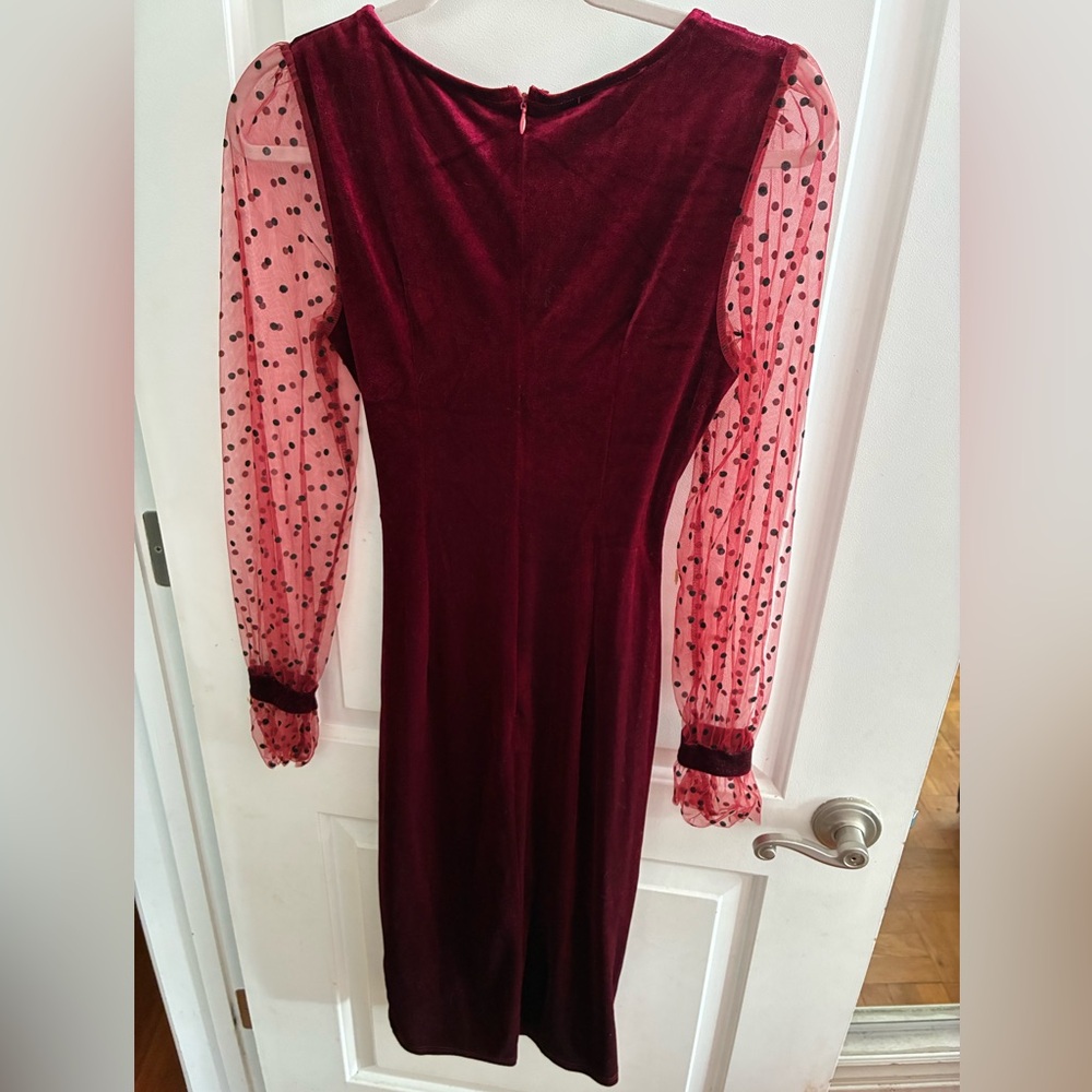 Velvet Wrap Burgundy Cocktail Dress with Sheer Polka Dot Sleeves - Picture 4 of 5